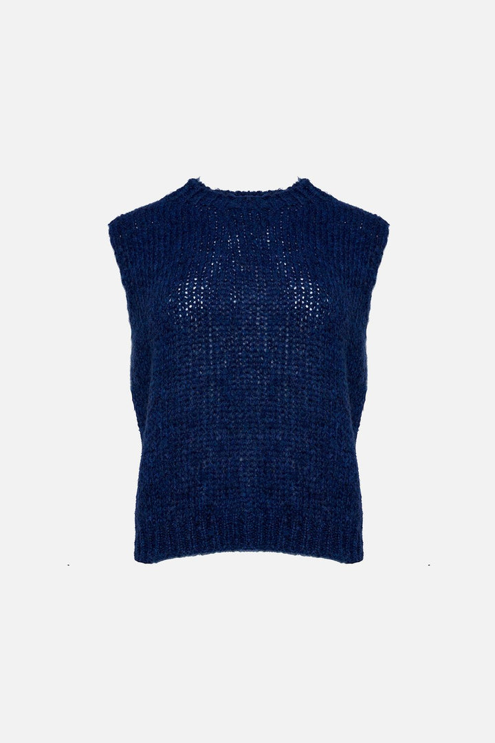 Noella Kala Vest Wool in Navy. Blue knitted sleeveless sweater on a white background