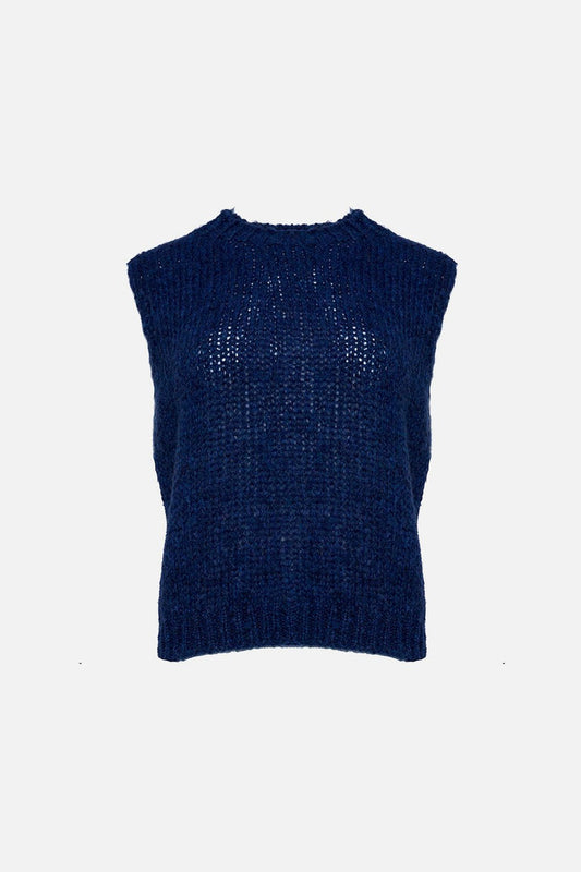 Noella Kala Vest Wool in Navy. Blue knitted sleeveless sweater on a white background