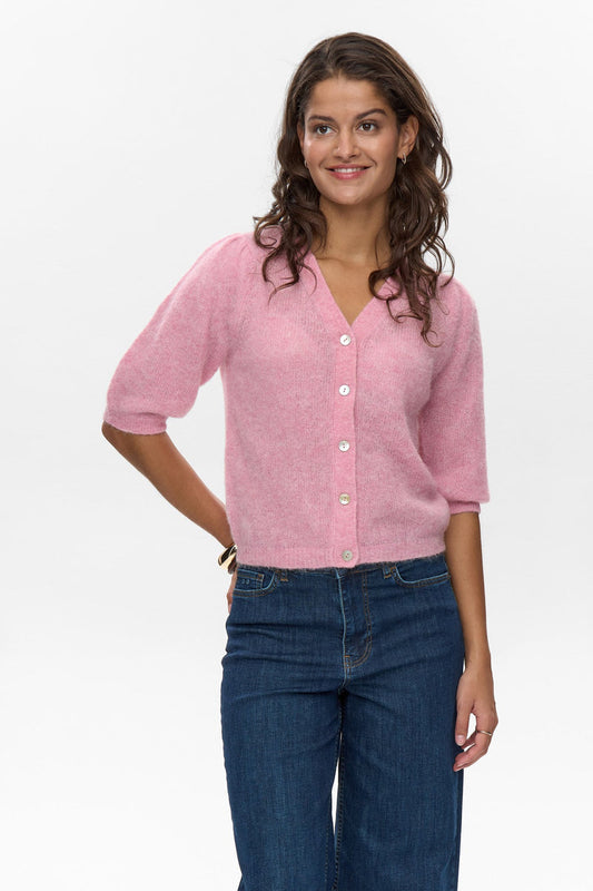 Numph Lana Carigan in Orchard Smoke - Woman wearing a pink cardigan and blue jeans on a white background