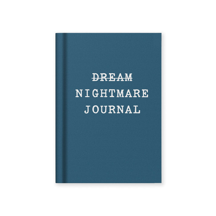 Blue journal with 'Dream Nightmare Journal' text on a white background