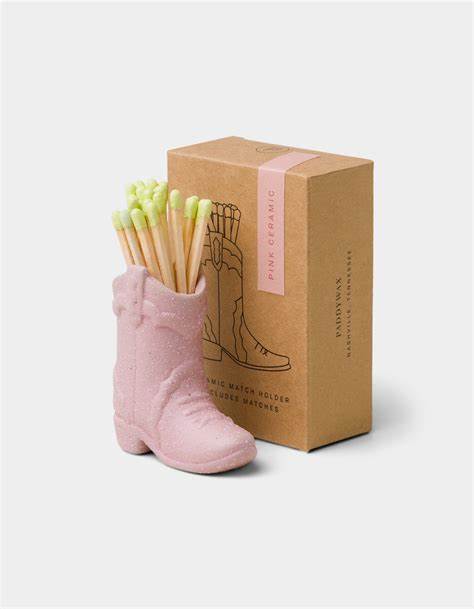 Nashville Ceramic Cowboy Boot Match Holder in Pink with Matches