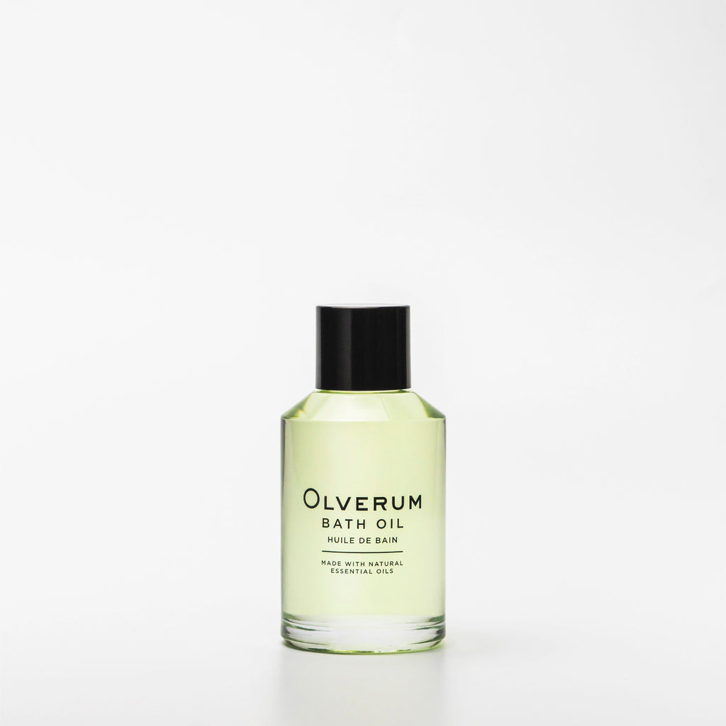 Olverum bath oil bottle on a white background