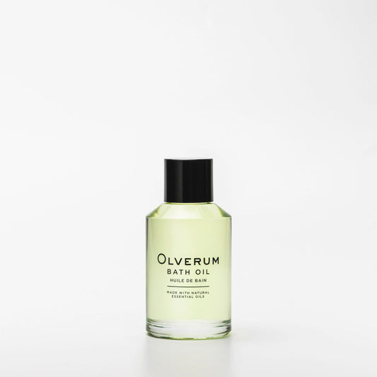 Olverum bath oil bottle on a white background
