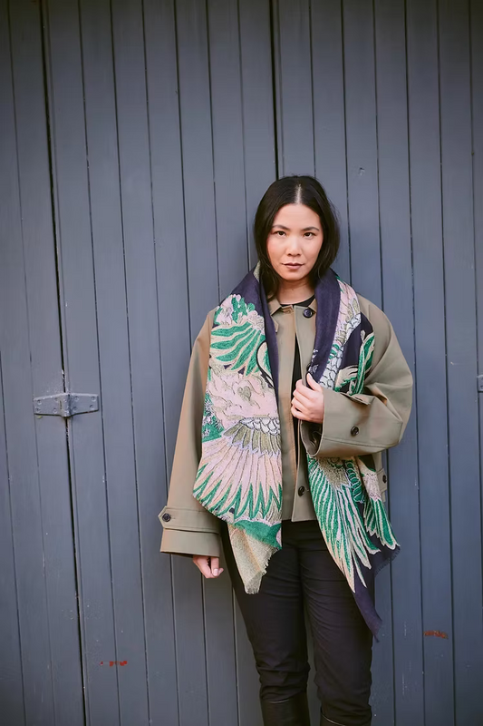 One Hundred Stars Crane Emerald Wool Scarf