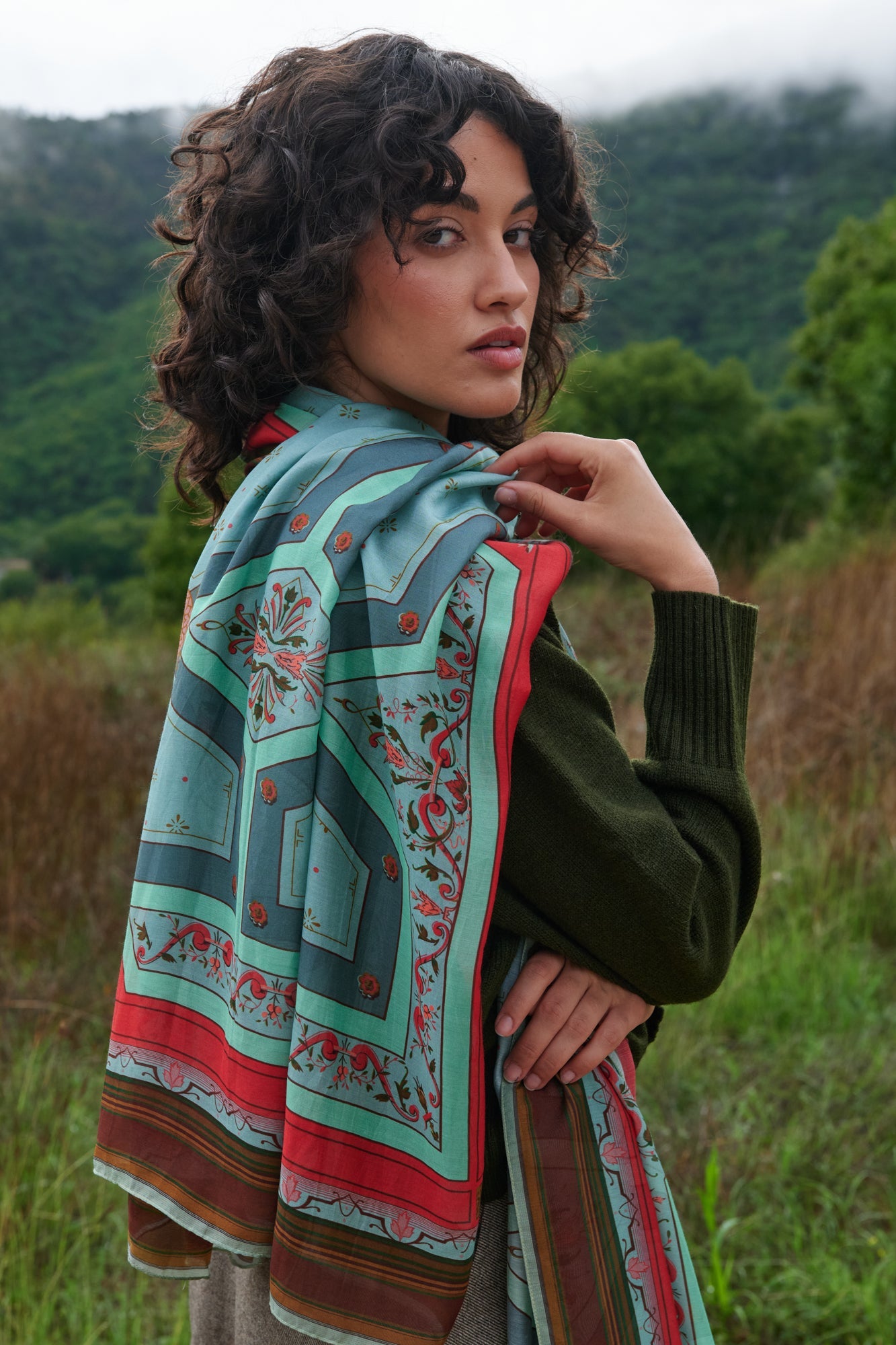 One Hundred Stars Fleur De Lys Aqua Scarf