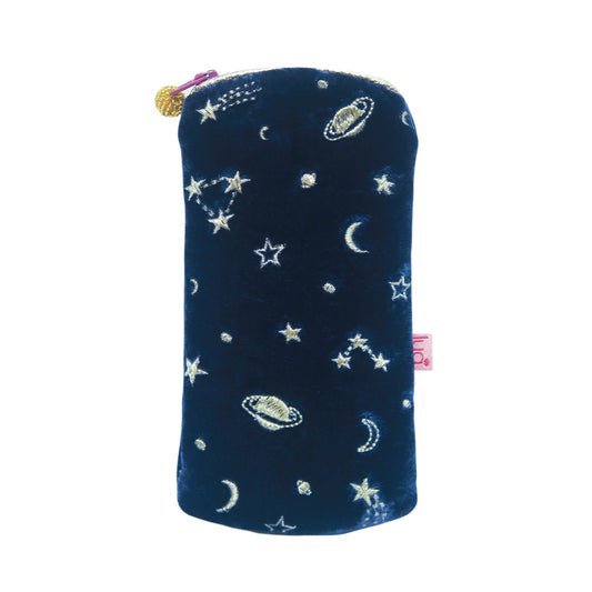 Lua silk velvet blue glasses case with moon and stars embroidery 