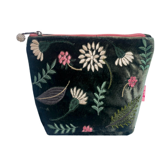 Lua Floral Embroidery Cosmetics Purse in Green