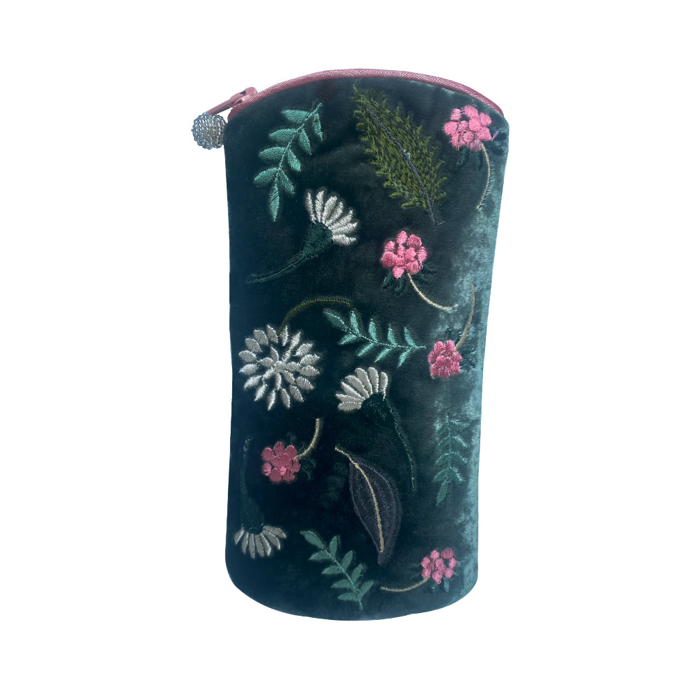 Lua silk velvet glasses case with embroidered floral 'folk garden' pattern in Dark Sage