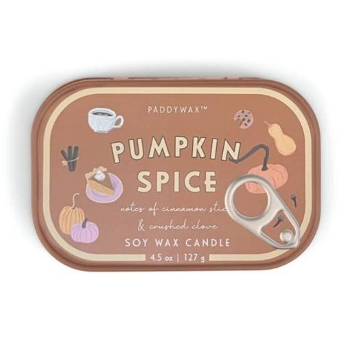 Paddywax Pumpkin Spice soy wax candle in a brown rectangular tin with a pull tab, decorated with autumn illustrations and the scent name 'Pumpkin Spice'.