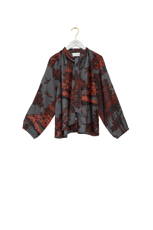 One Hundred Stars Pagoda Pewter Pussy Bow Blouse