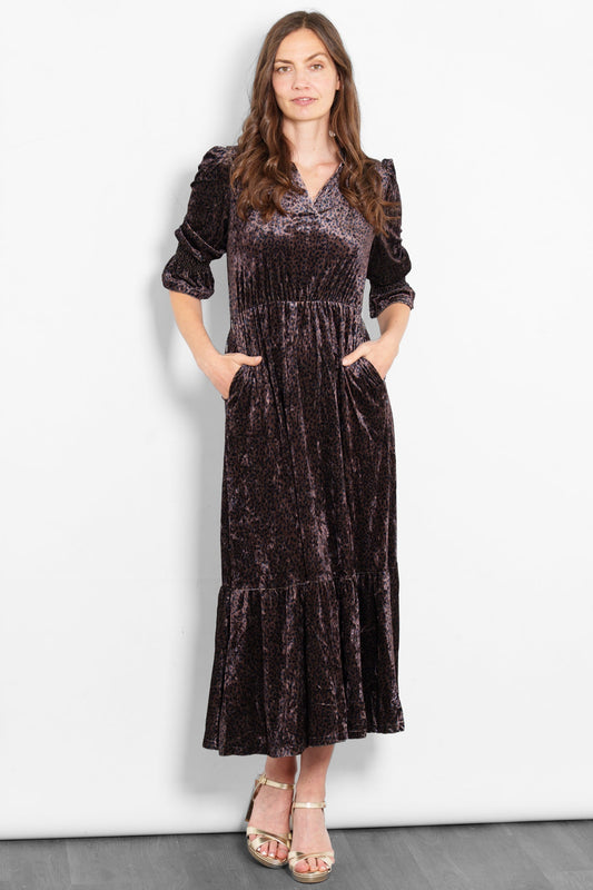 Pandora V-Neck Midaxi Dress- Brown, Velvet Leopard