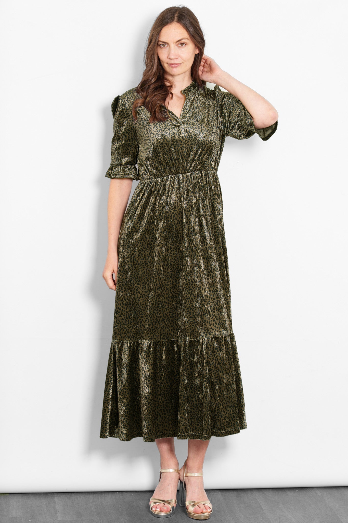 Pandora V-Neck Midaxi Dress- Khaki, Velvet Leopard