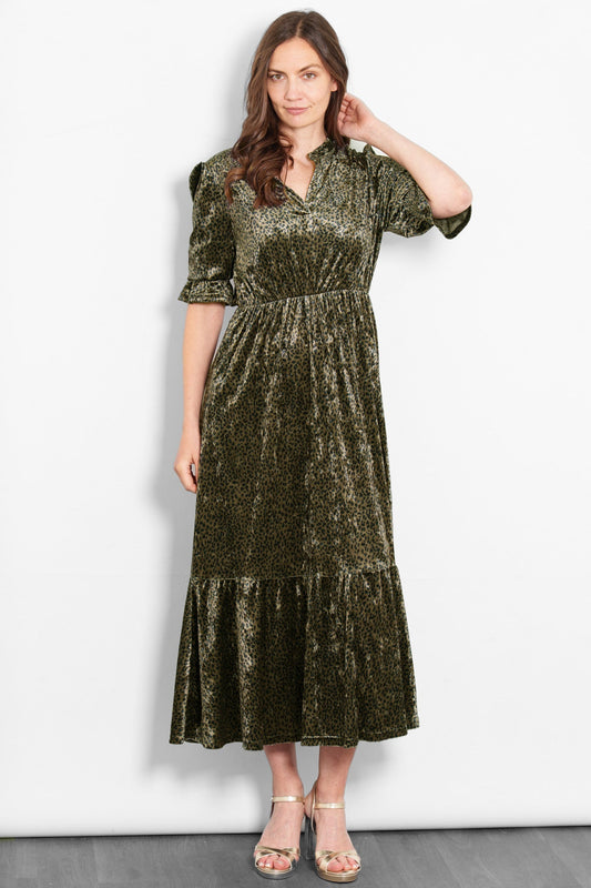 Pandora V-Neck Midaxi Dress- Khaki, Velvet Leopard