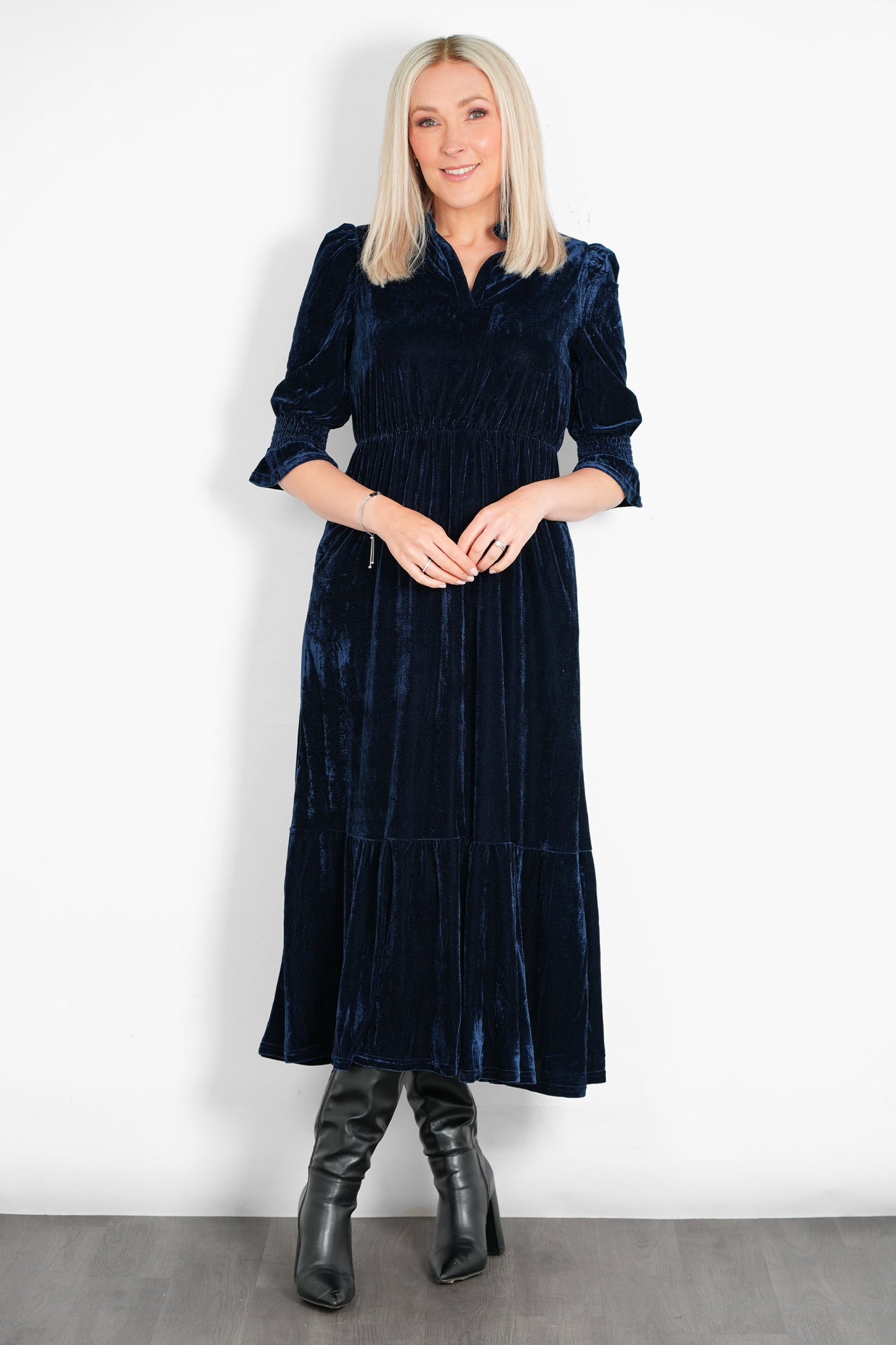 Pandora V-Neck Midaxi Dress- Navy Blue, Velvet
