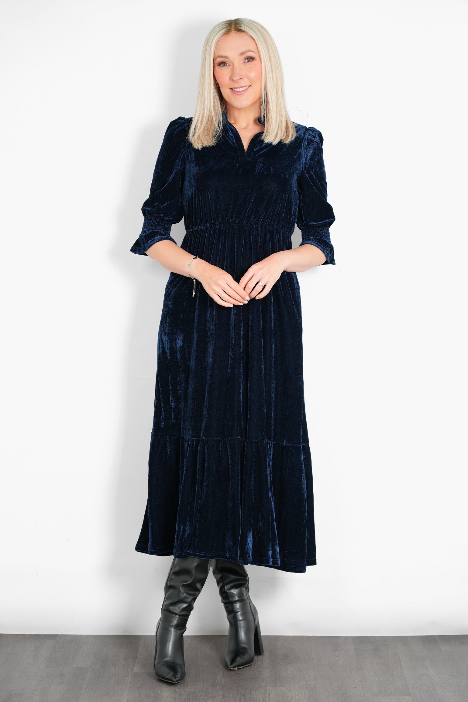 Pandora V-Neck Midaxi Dress- Navy Blue, Velvet