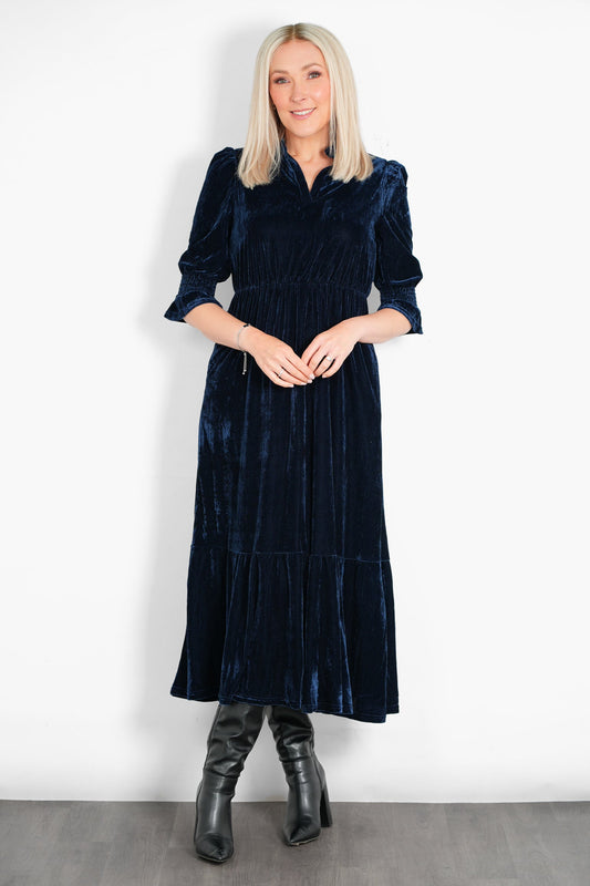 Pandora V-Neck Midaxi Dress- Navy Blue, Velvet