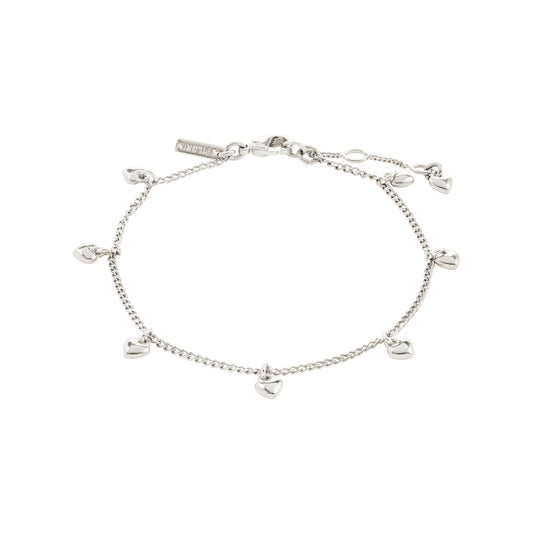 Pilgrim ALAIA bracelet silver-plated. Silver bracelet with heart-shaped charms on a white background