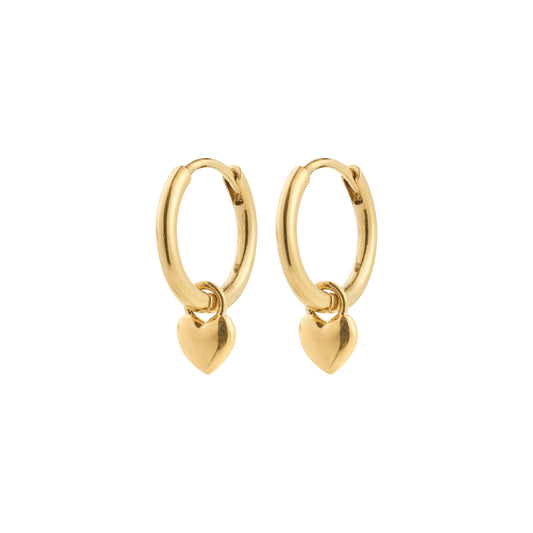 Pilgrim ALAIA earrings gold-plated. Gold hoop earrings with heart charms on a white background