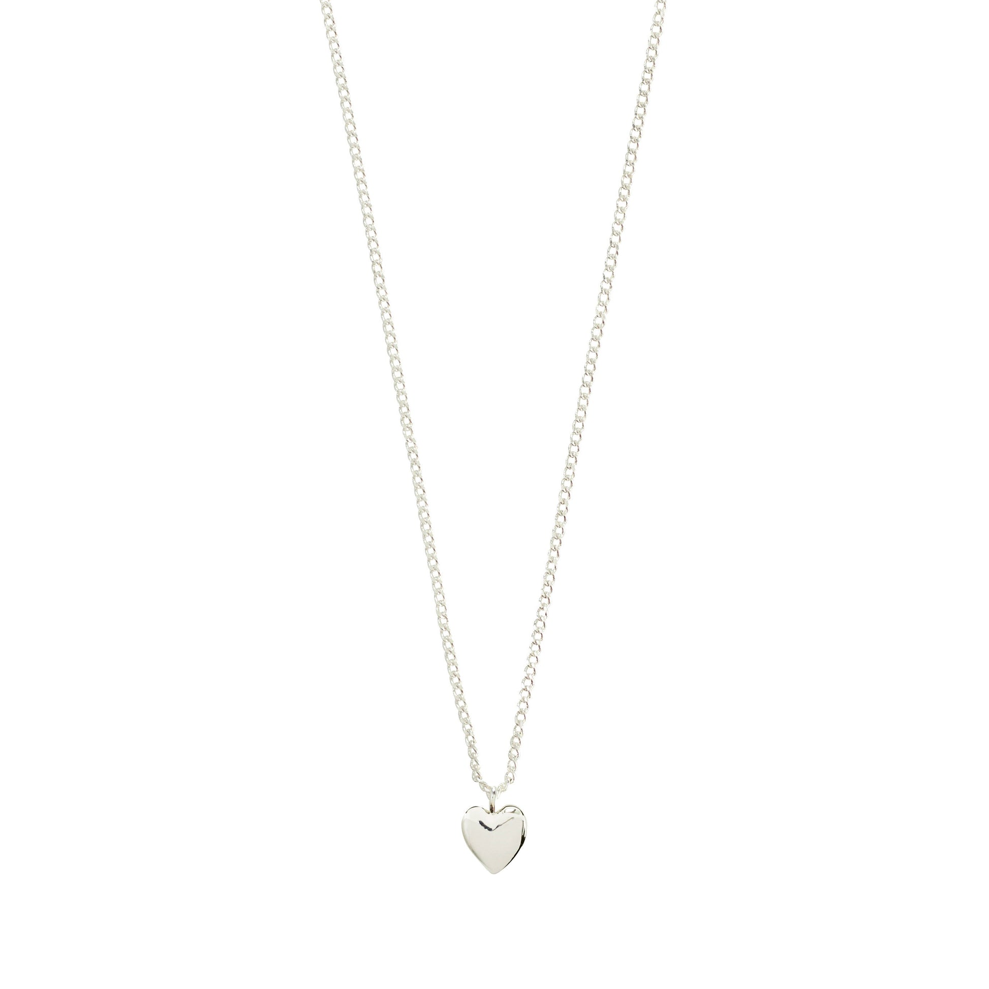 Pilgrim ALAIA necklace silver-plated. Silver heart-shaped pendant necklace on a white background