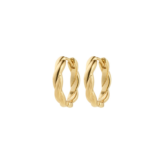 Pilgrim DECLAN earrings gold-plated. Pair of gold hoop earrings on a white background
