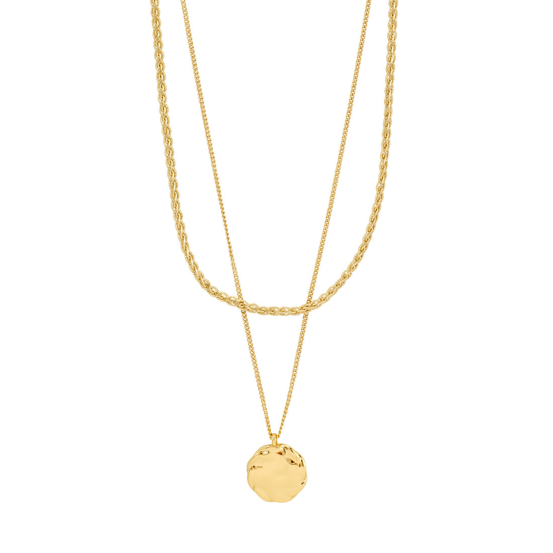 Pilgrim DECLAN necklace 2-in-1 set, gold-plated. Two gold necklaces with round pendants on a white background