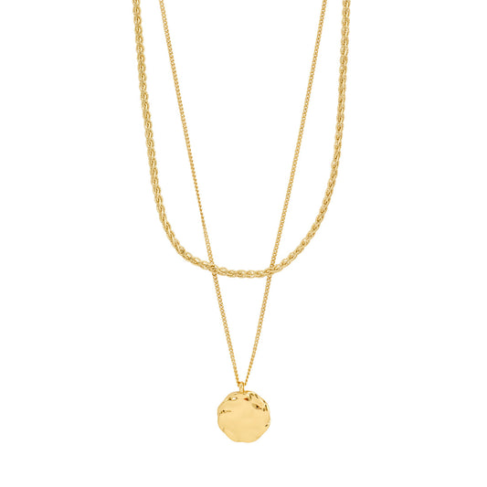 Pilgrim DECLAN necklace 2-in-1 set, gold-plated. Two gold necklaces with round pendants on a white background