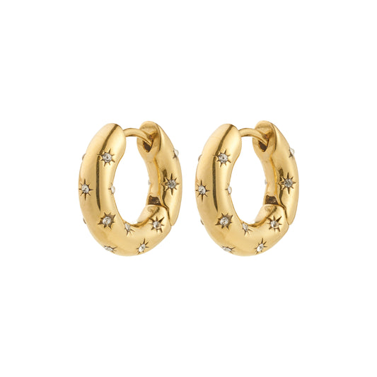 Pilgrim NEVAEH hoops gold-plated. Gold hoop earrings with star and diamond designs on a white background