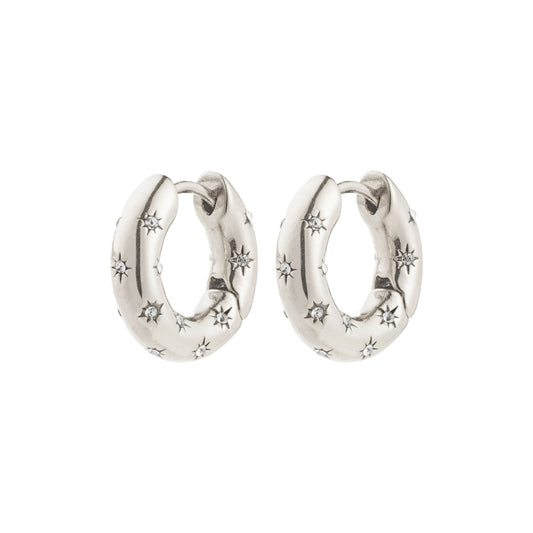 Pilgrim NEVAEH hoops silver-plated. Pair of silver hoop earrings with star designs on a white background