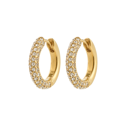 Pilgrim TATUM medium hoops gold-plated. Gold hoop earrings with embedded crystals on a white background