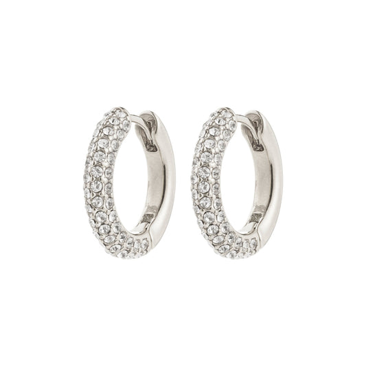 Pilgrim TATUM medium hoops silver-plated.Silver hoop earrings with embedded stones on a white background