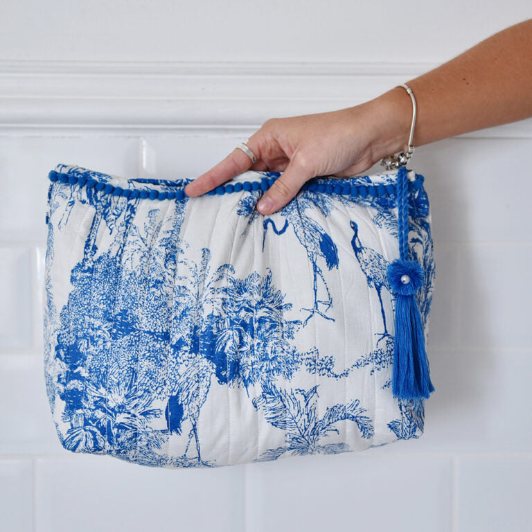 Powell Craft Blue & White Safari Toile De Jouy Print Lined Wash Bag