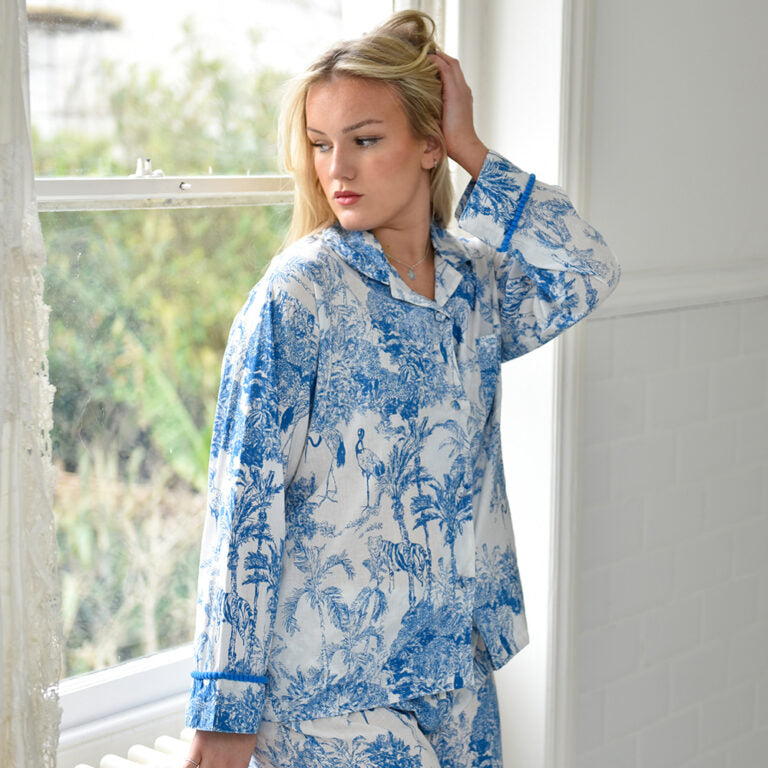 Powell Craft Blue & White Safari Toile De Jouy Print Pyjamas