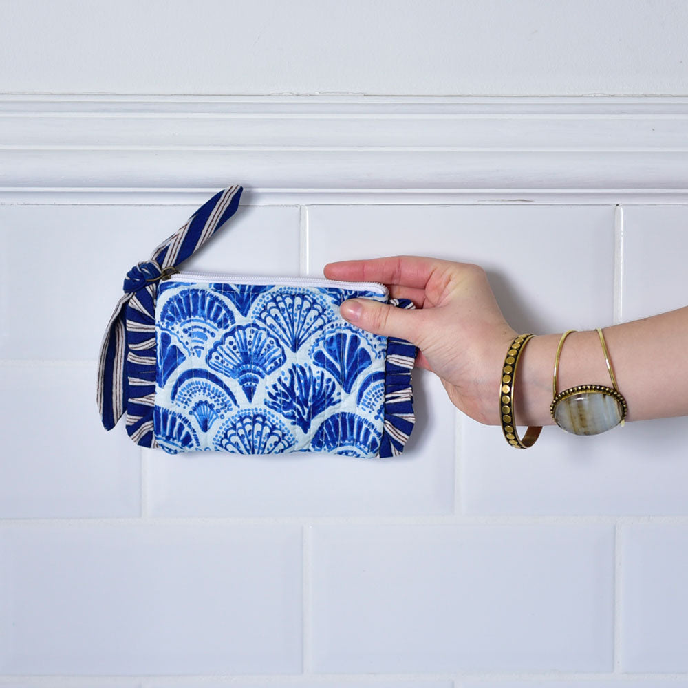 Powell Craft Blue & White Wide Stripe / Seashell Print Quilted Coin Purse