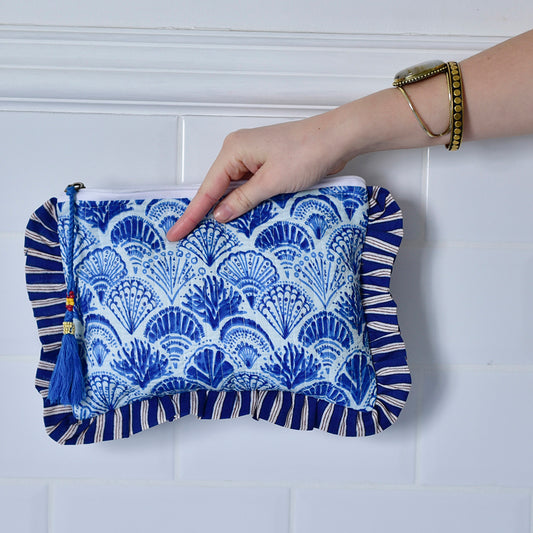 Powell Craft Blue & White Wide Stripe / Seashell Print Quilted Make Up Bag