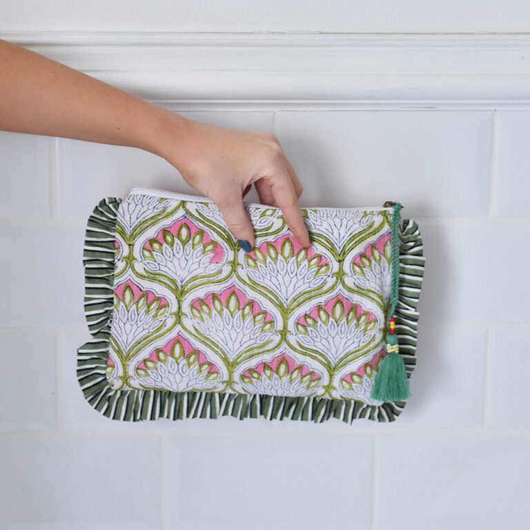 Powell Craft Green Ogee & Small Pink Block Print Quilted Make Up Bag With Green Stripe Ruffle Trim