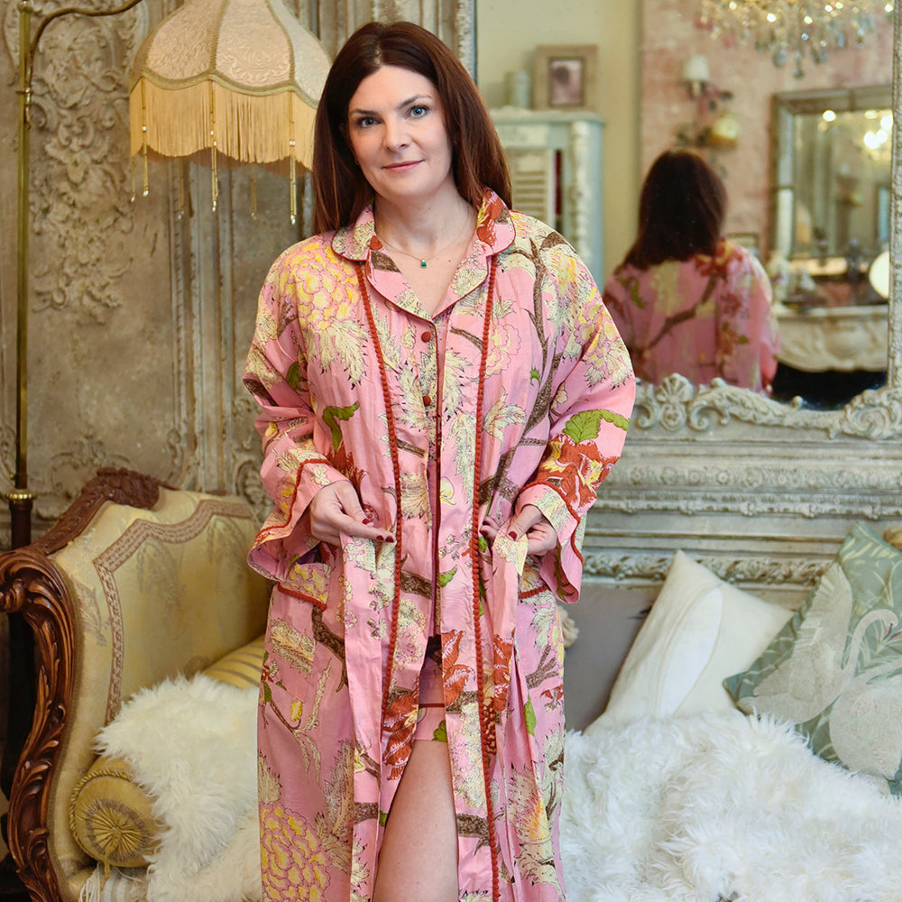 Powell Craft Pink, Cream & Burnt Orange Large Botanical Print Dressing Gown