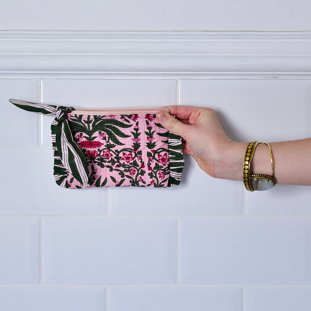 Powell Craft Pink & Green Damask Style Floral Print / Pink & White Tulip Block Print Quilted Coin Purse