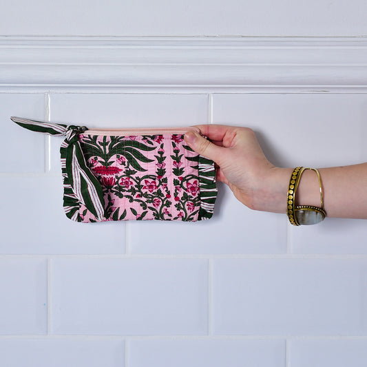 Powell Craft Pink & Green Damask Style Floral Print / Pink & White Tulip Block Print Quilted Coin Purse