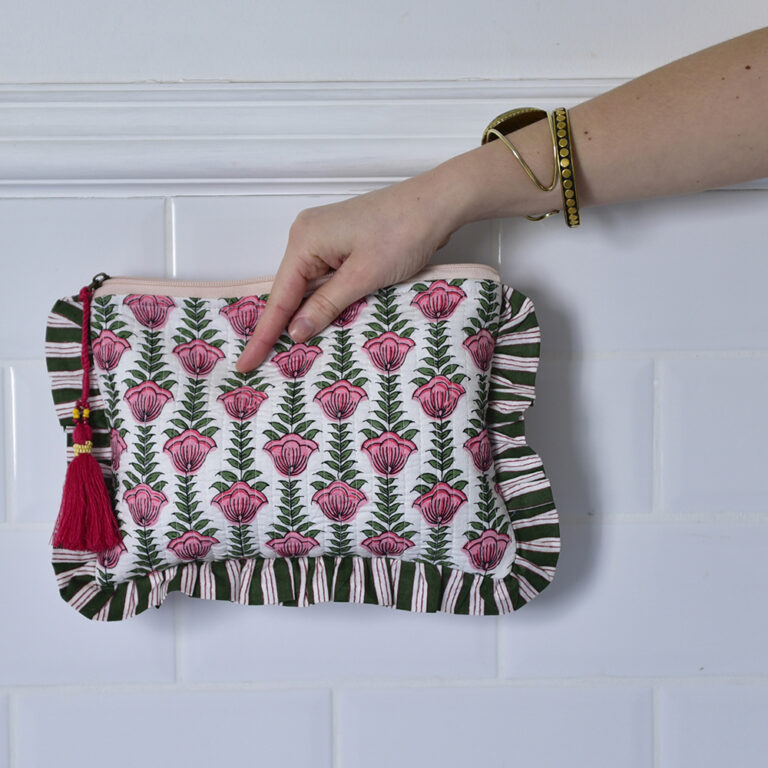 Powell Craft Pink & Green Damask Style Floral Print / Pink & White Tulip Block Print Quilted Make Up Bag