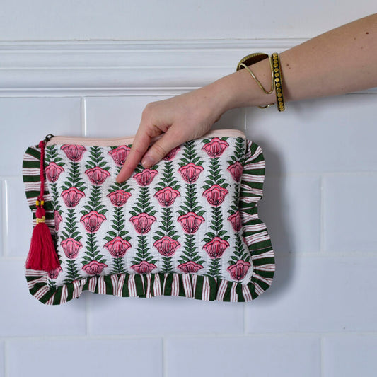 Powell Craft Pink & Green Damask Style Floral Print / Pink & White Tulip Block Print Quilted Make Up Bag