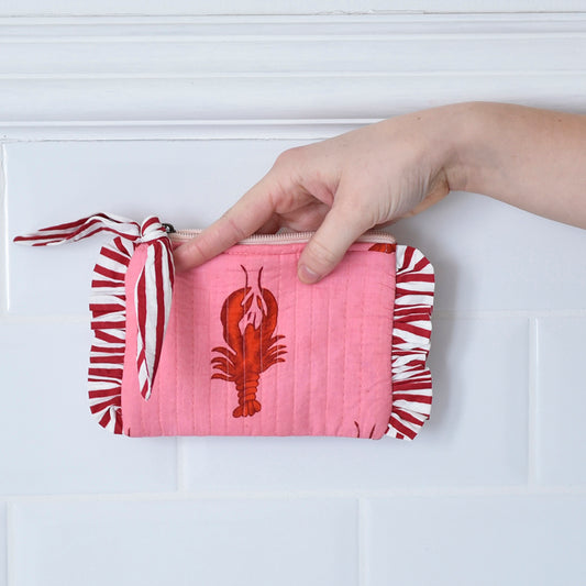 Powell Craft Pink & Red Lobster Print / Pink & Red Wide Stripe Print Quilted Coin Purse