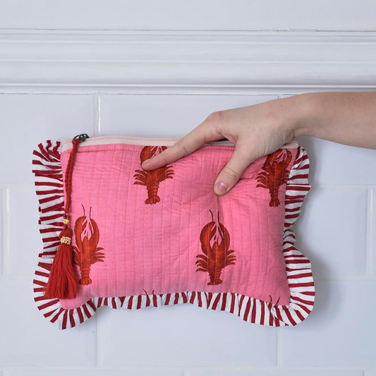 Powell Craft Pink & Red Lobster Print / Pink & Red Wide Stripe Print Quilted Make Up Bag