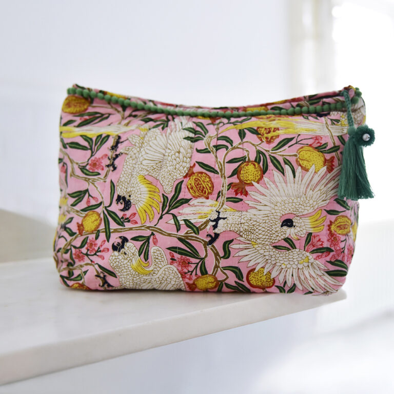 Powell Craft Pink Tropical Bird & Pomegranate Print Lined Wash Bag
