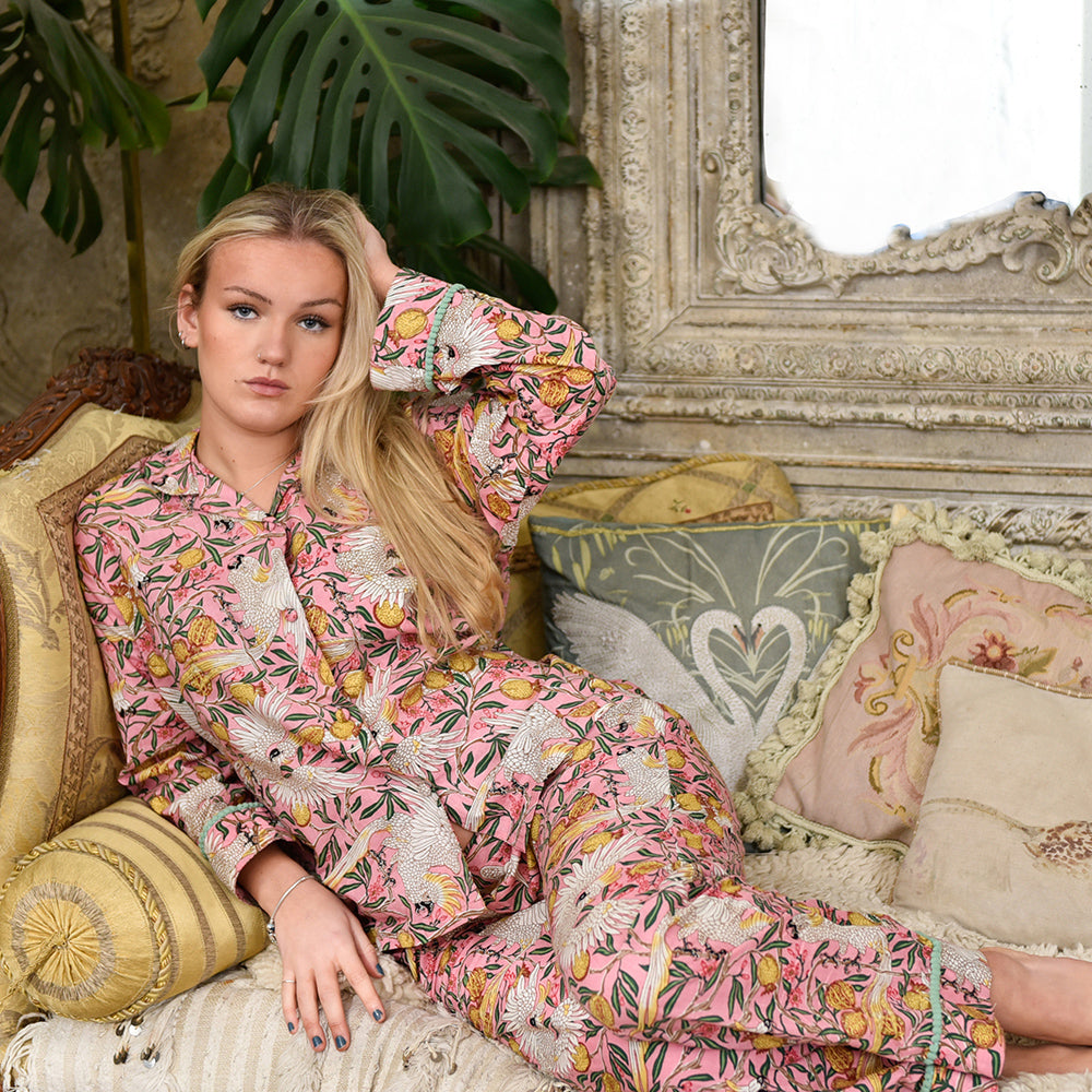 Powell Craft Pink Tropical Bird & Pomegranate Print Pyjamas