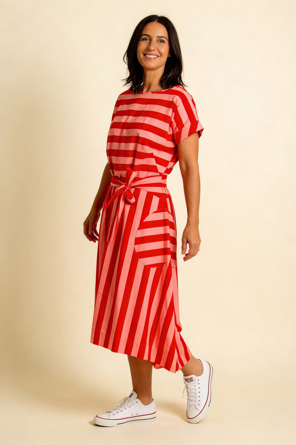 Pretty Vacant Luna Dress in Pink & Red Block Stripe