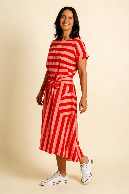 Pretty Vacant Luna Dress in Pink & Red Block Stripe
