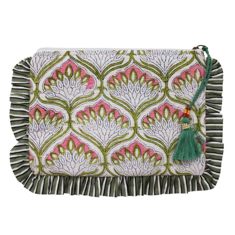 Powell Craft Green Ogee & Small Pink Block Print Quilted Make Up Bag With Green Stripe Ruffle Trim