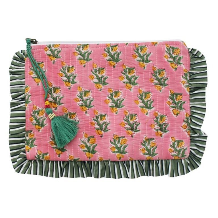 Powell Craft Green Ogee & Small Pink Block Print Quilted Make Up Bag With Green Stripe Ruffle Trim