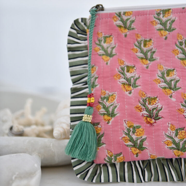 Powell Craft Green Ogee & Small Pink Block Print Quilted Make Up Bag With Green Stripe Ruffle Trim