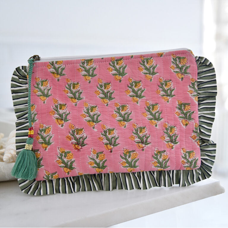 Powell Craft Green Ogee & Small Pink Block Print Quilted Make Up Bag With Green Stripe Ruffle Trim